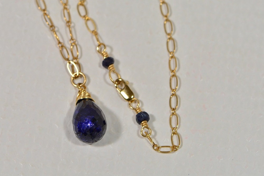 Natural Sapphire Simple Necklace Pendant 14 K Gold Filled Wire Birthstone Jewelry Gemstone Necklace