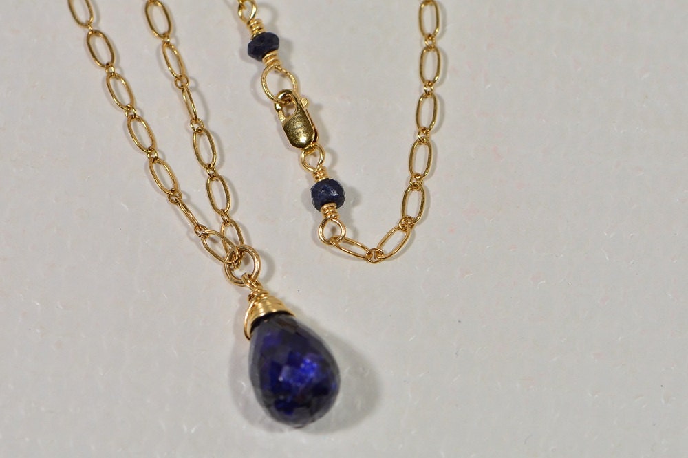 Natural Sapphire Simple Necklace Pendant 14 K Gold Filled Wire Birthstone Jewelry Gemstone Necklace