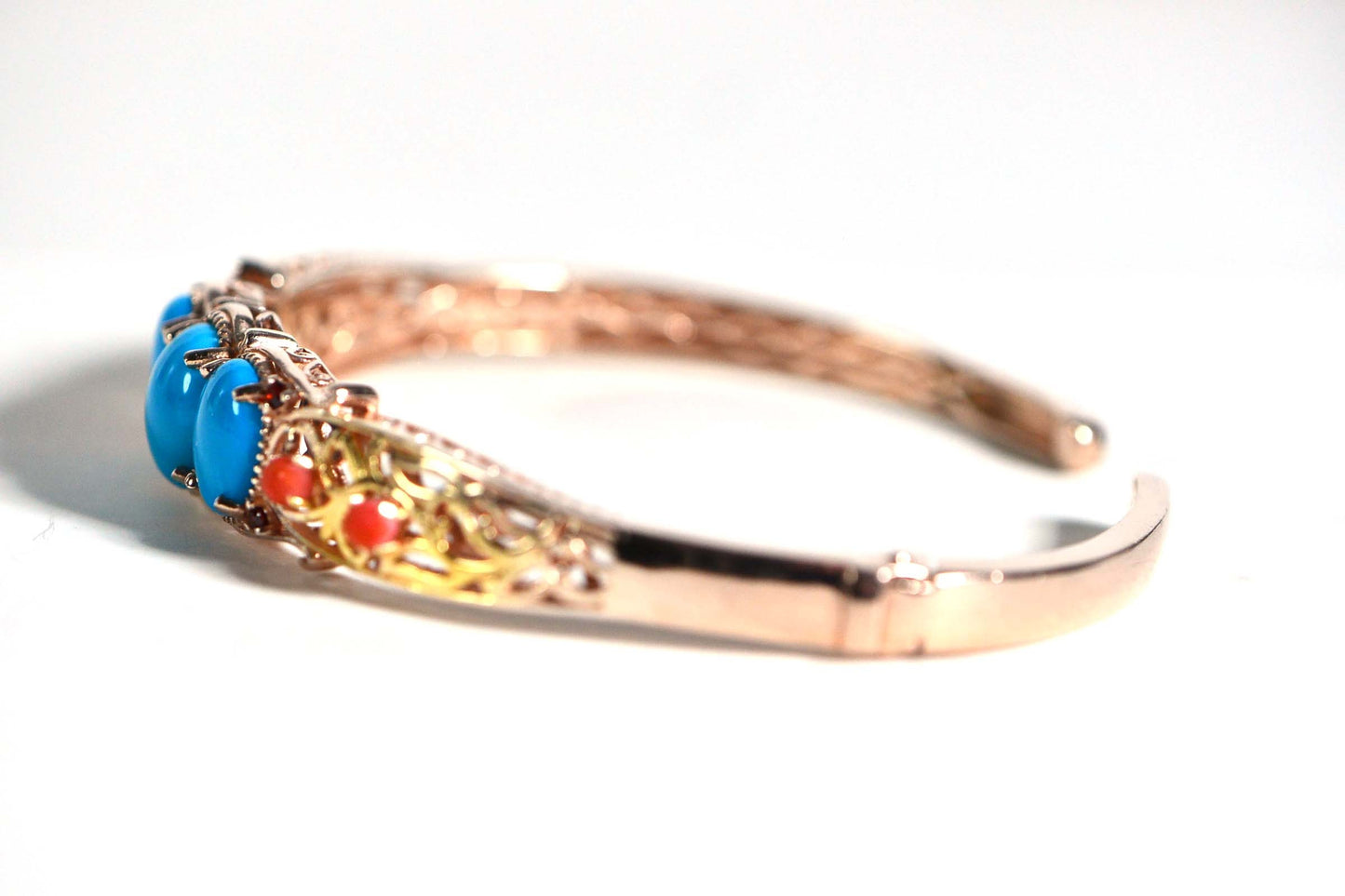 Arizona Turquoise Coral Bangle: Rose Gold Vermeil Filigree Cuff
