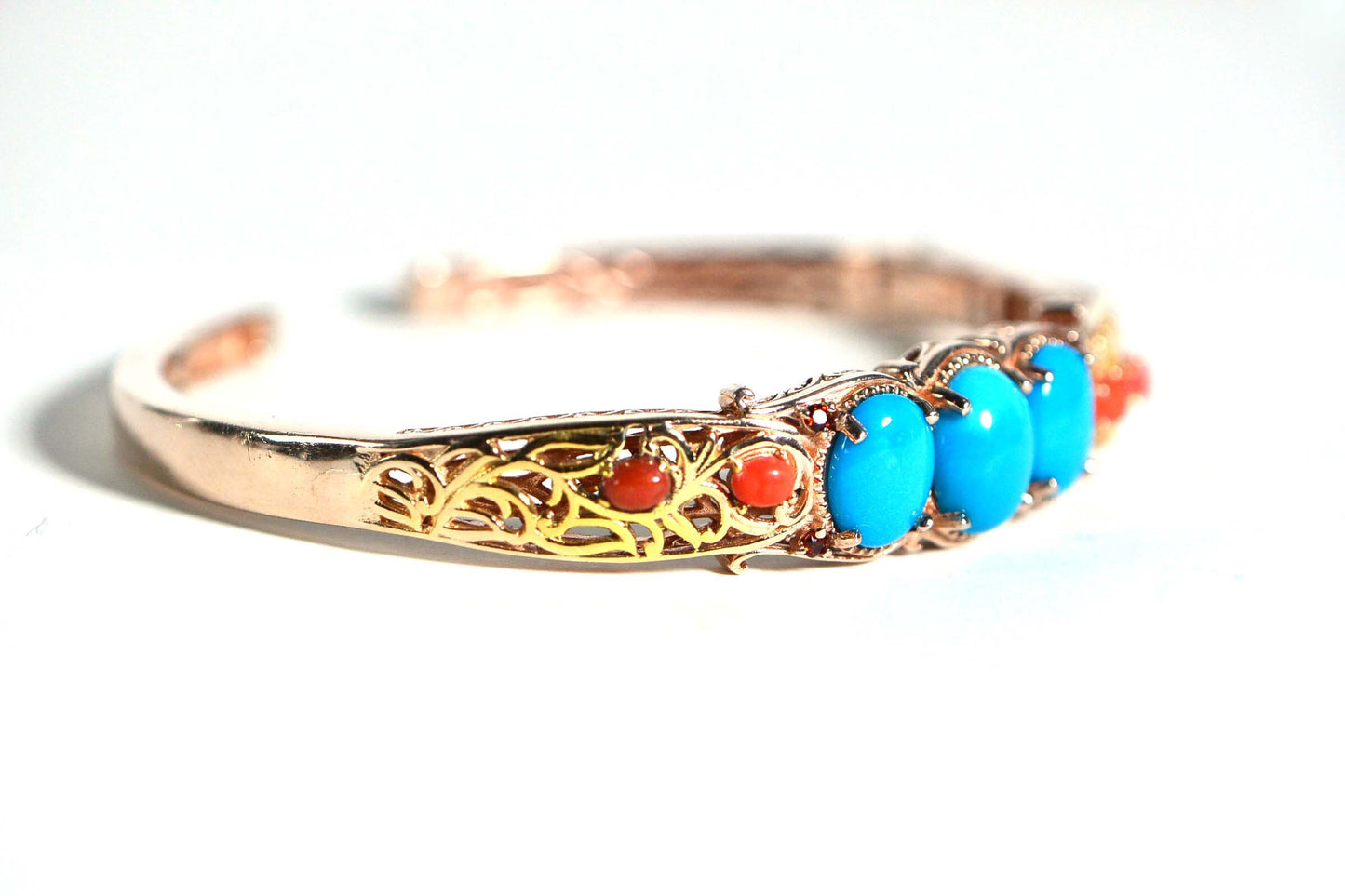Arizona Turquoise Coral Bangle: Rose Gold Vermeil Filigree Cuff