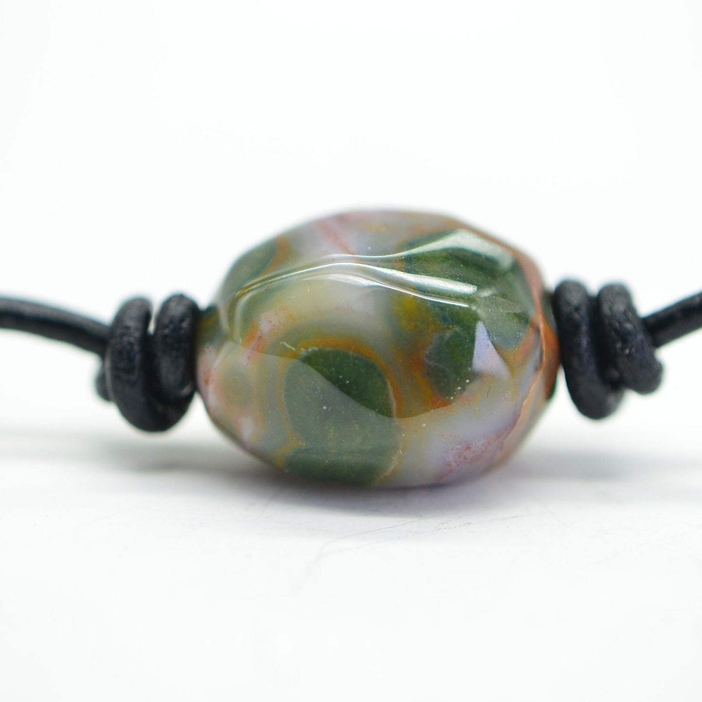Raw Ocean Jasper Nugget Necklace: Knotted Leather Cord, Sterling Silver Clasp