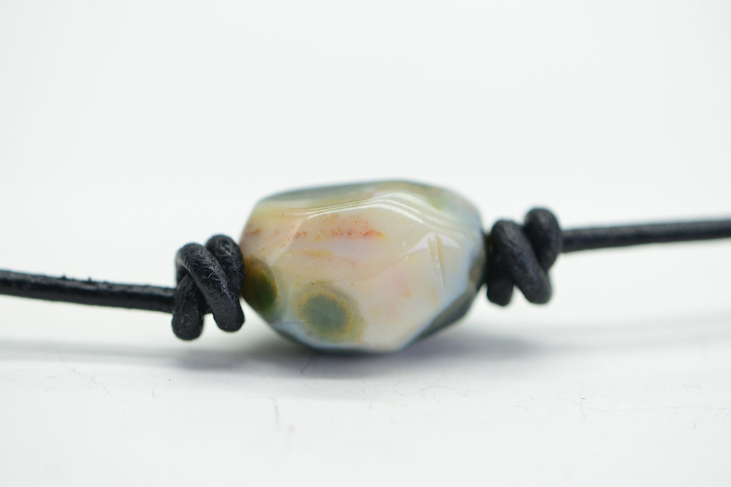Raw Ocean Jasper Nugget Necklace: Knotted Leather Cord, 925 Silver Clasp