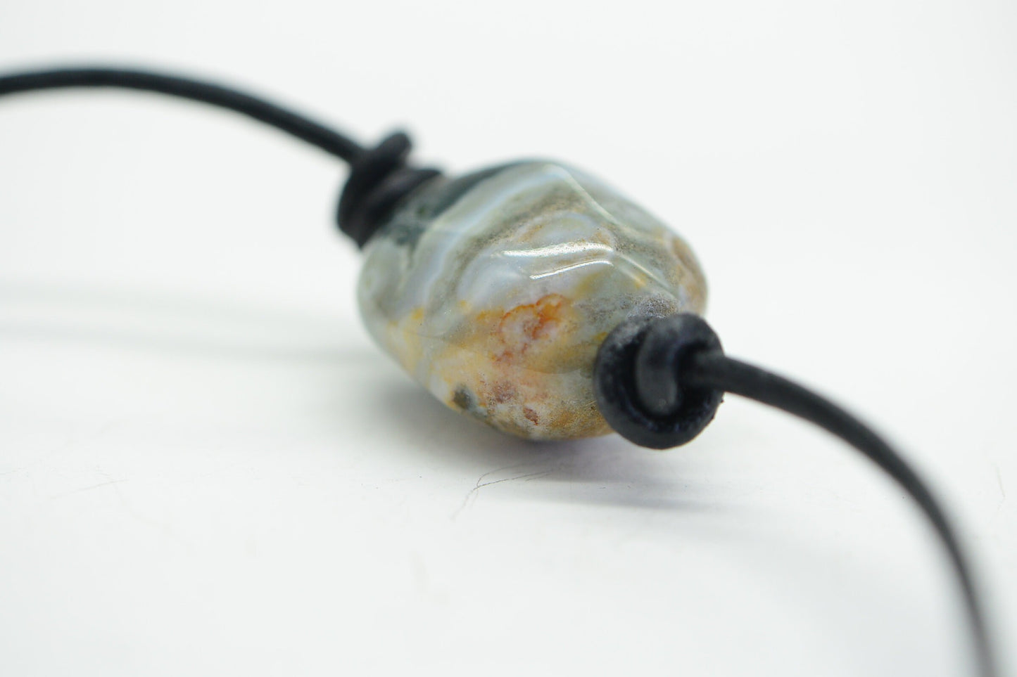 Raw Ocean Jasper Nugget Necklace: Knotted Leather Cord, 925 Silver Clasp