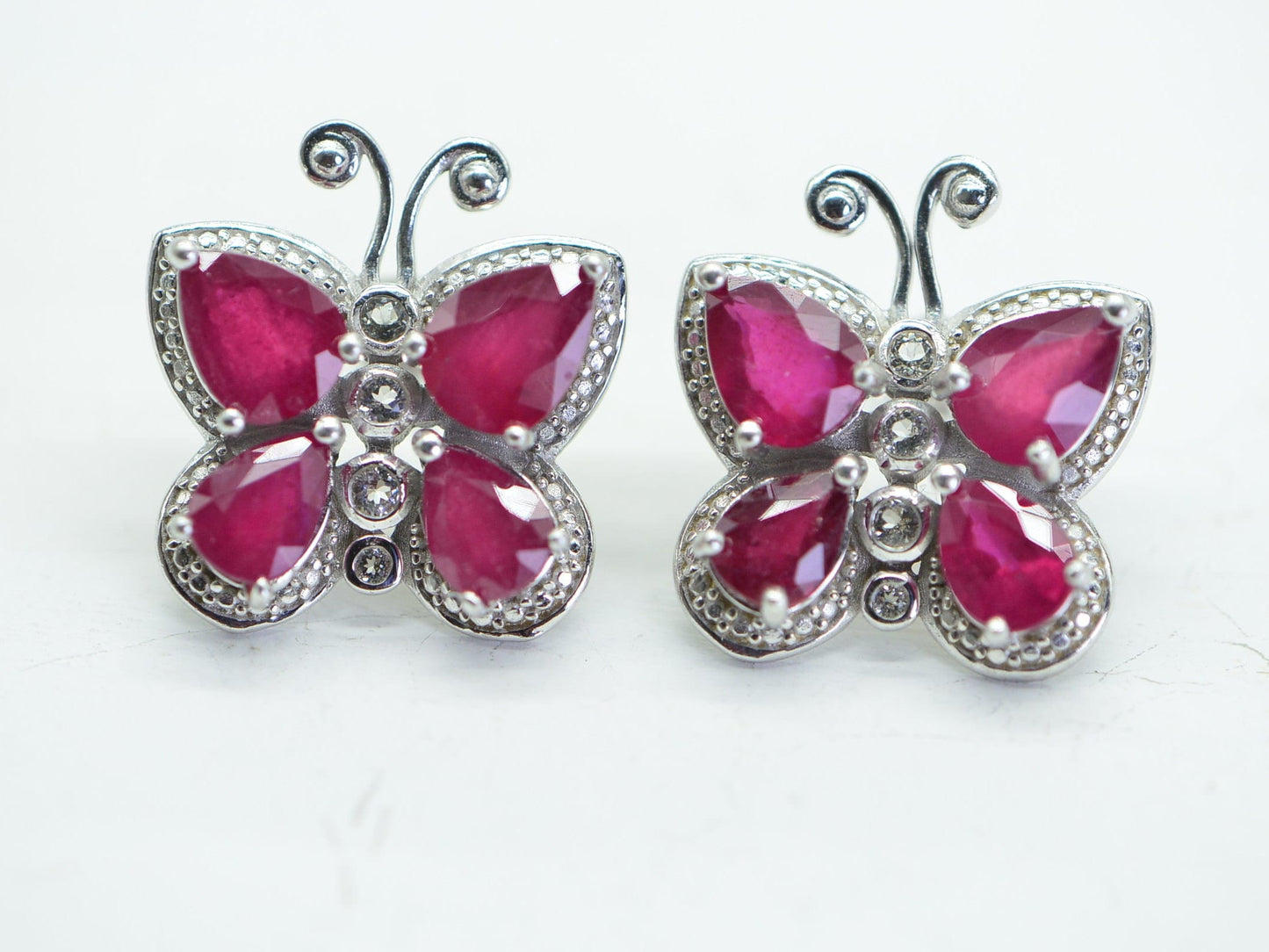Genuine Ruby Butterfly  Stud Earrings Prong Set Sterling Silver Birthstone July