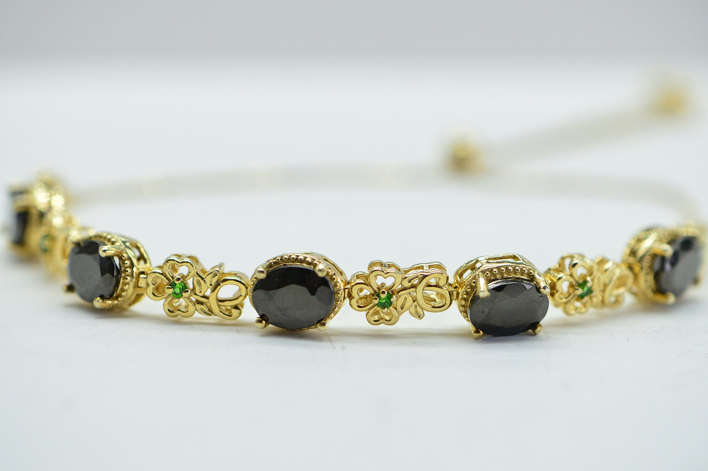 Black Tourmaline Chrome Diopside Flower Bolo Bracelet: 14K Gold Over Sterling Silver