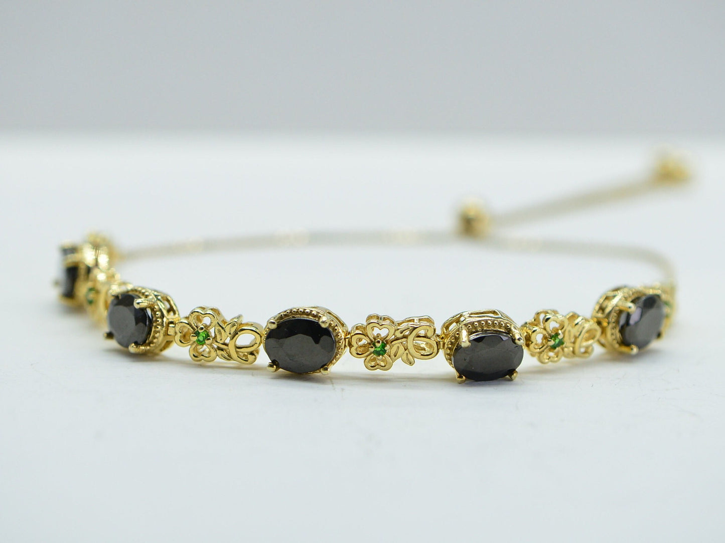 Black Tourmaline Chrome Diopside Flower Bolo Bracelet: 14K Gold Over Sterling Silver