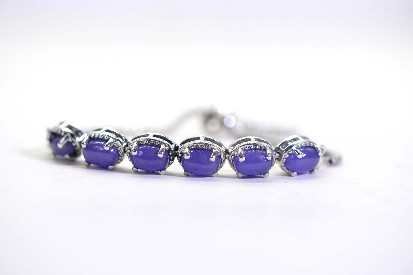 Purple Jade Bracelet: Sterling Silver Bolo, Milgrain Halo, Adjustable