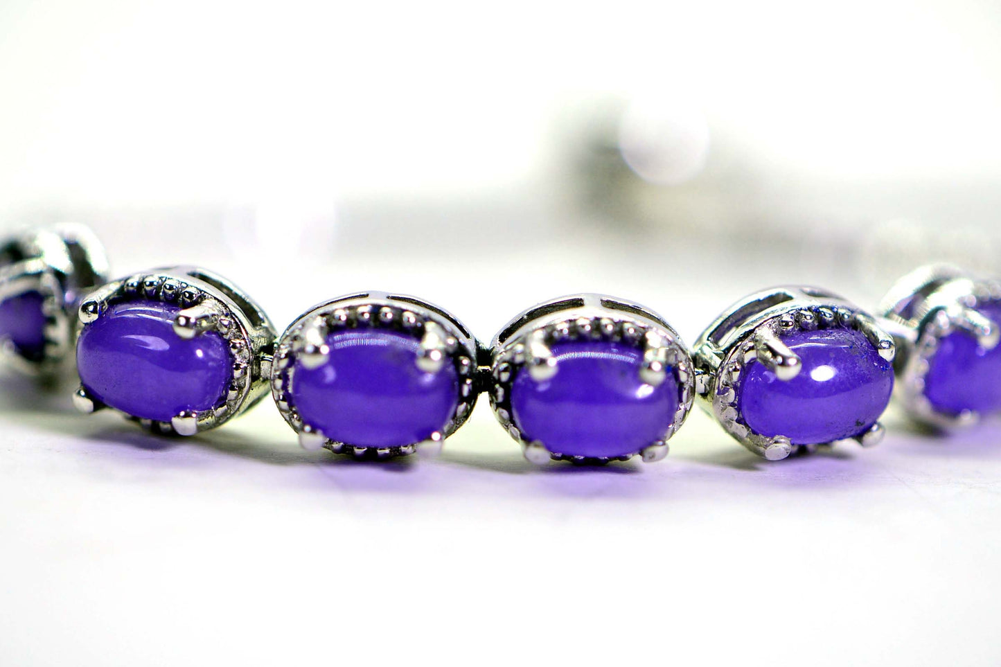 Purple Jade Bracelet: Sterling Silver Bolo, Milgrain Halo, Adjustable