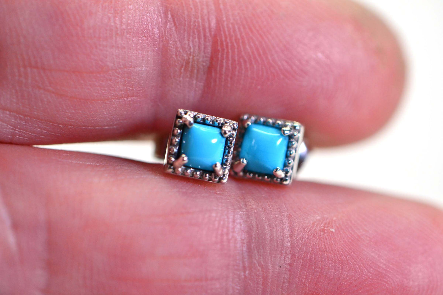 Sleeping Beauty Turquoise Stud Earrings, Sterling Silver Cushion Jewelry