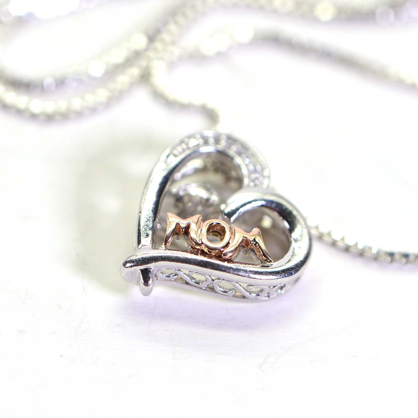 Diamond "Mom" Heart Pendant, 14K Gold & Sterling Silver