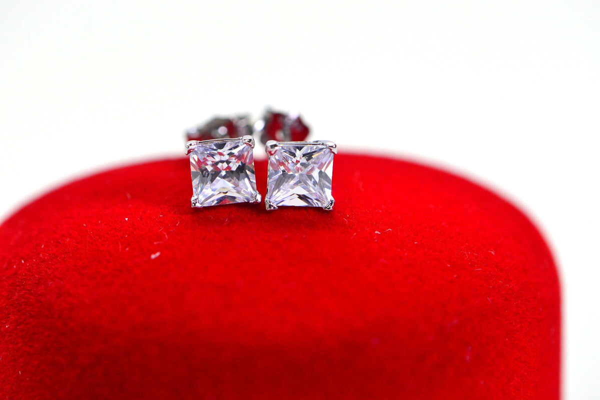 Princess Cut CZ Stud Earrings: Pink Topaz Color, Sterling Silver