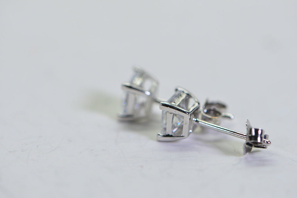 Princess Cut CZ Stud Earrings: Pink Topaz Color, Sterling Silver