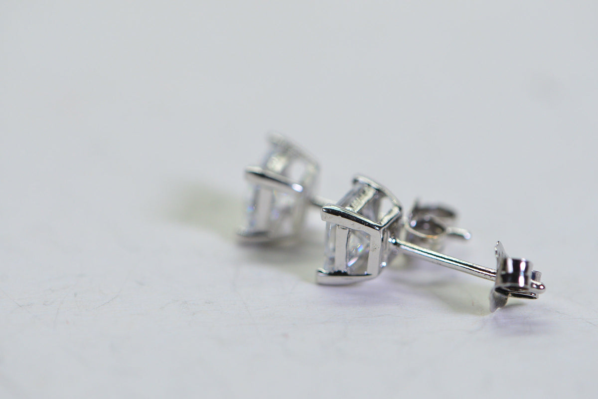 Princess Cut CZ Stud Earrings: Pink Topaz Color, Sterling Silver