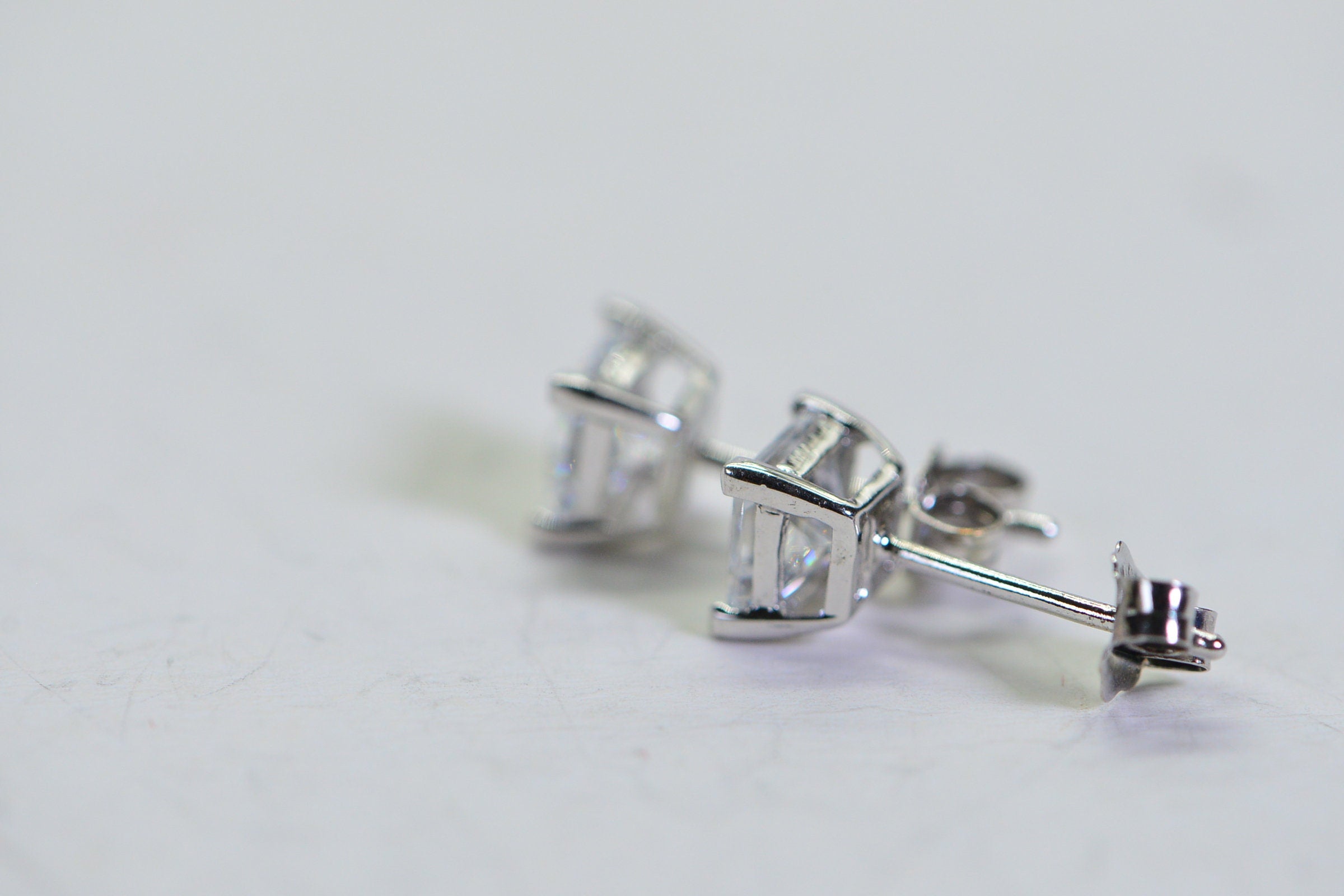 Princess Cut CZ Stud Earrings: Pink Topaz Color, Sterling Silver