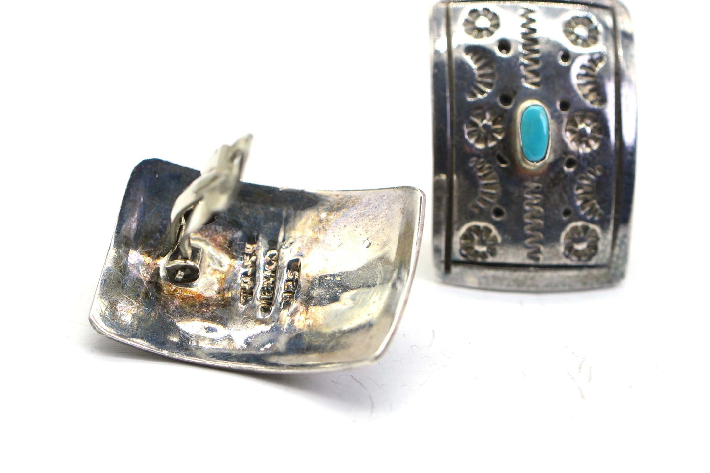 Vintage Turquoise Sterling Silver Clip On Earrings: Native American Jewelry