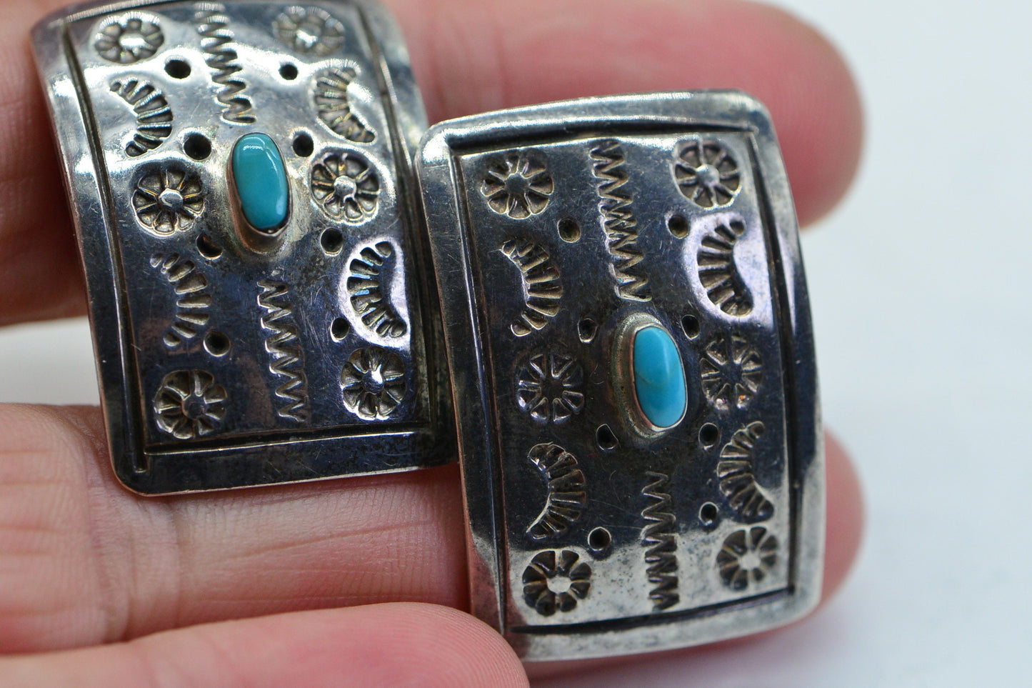 Vintage Turquoise Sterling Silver Clip On Earrings: Native American Jewelry