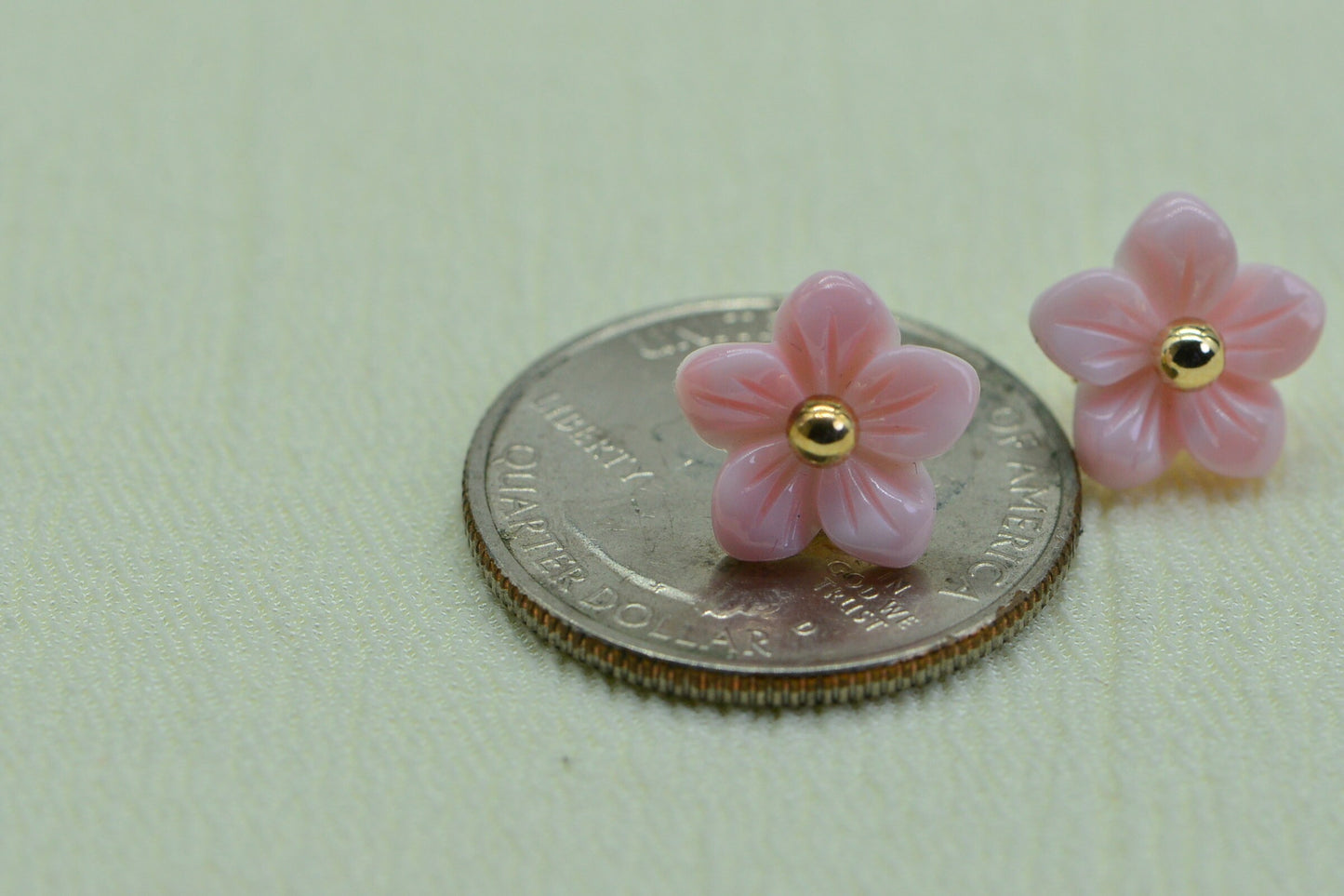 14K Gold Pink Conch Shell Carved Rose Flower Stud Earrings