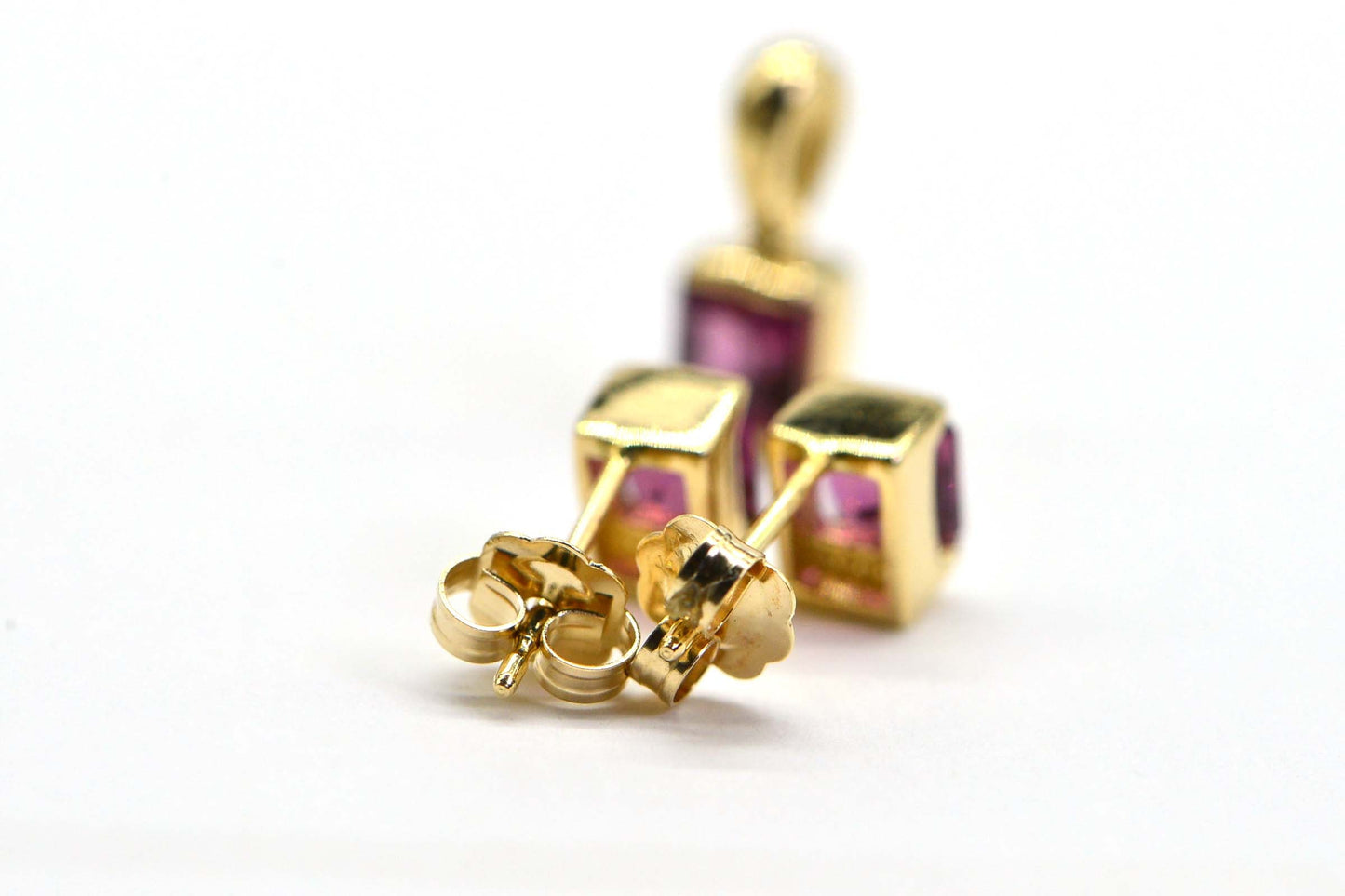 14K Gold Rhodolite Garnet Stud Earrings: Princess Cut, January Birthstone