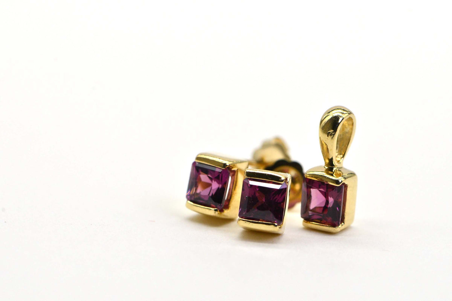 14K Gold Rhodolite Garnet Stud Earrings: Princess Cut, January Birthstone