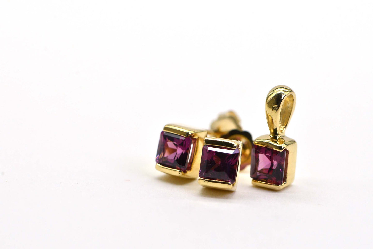 14K Gold Rhodolite Garnet Stud Earrings: Princess Cut, January Birthstone