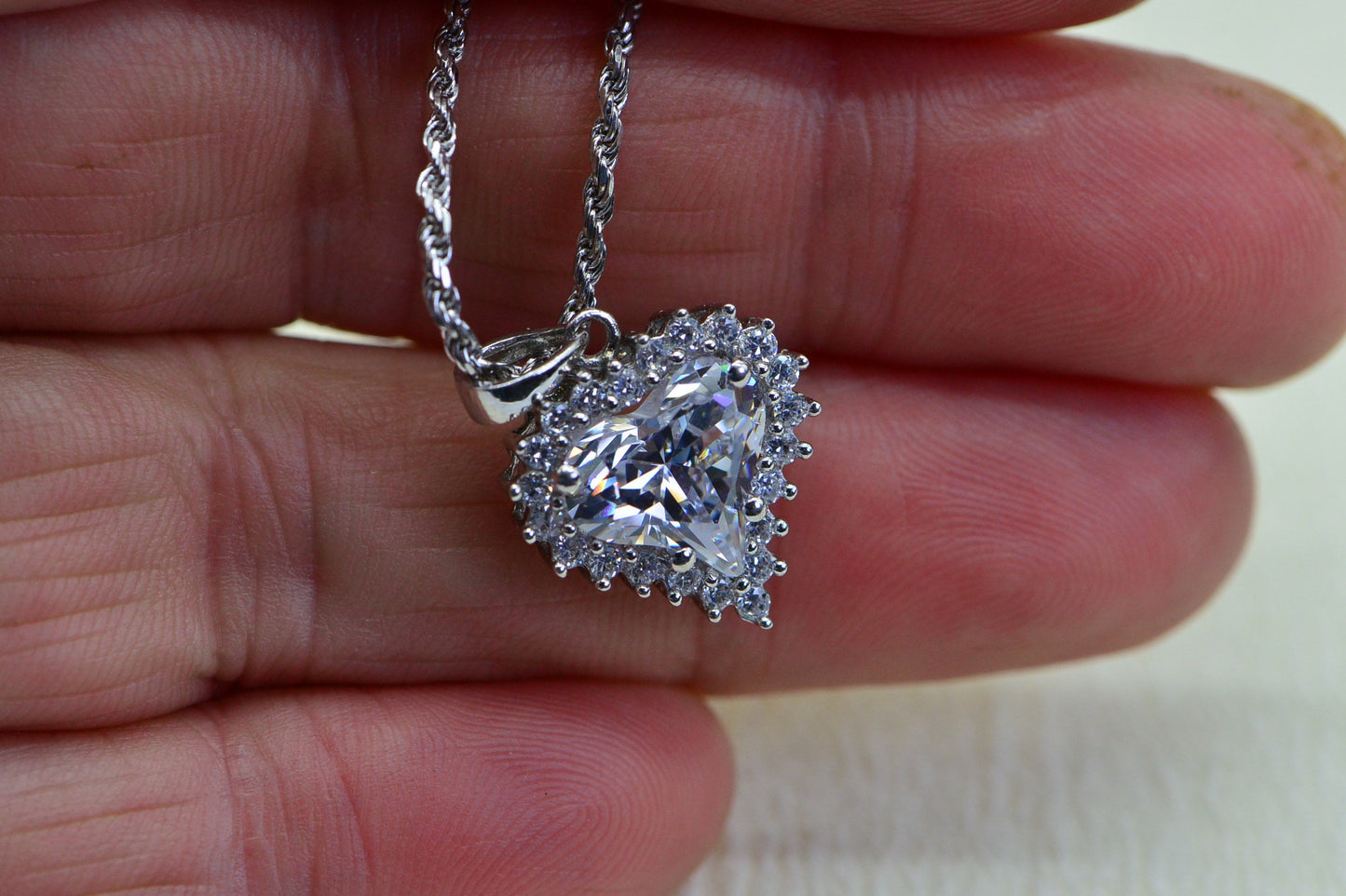 Heart Pendant Necklace: Cubic Zirconia, 14K White Gold Over Sterling Silver