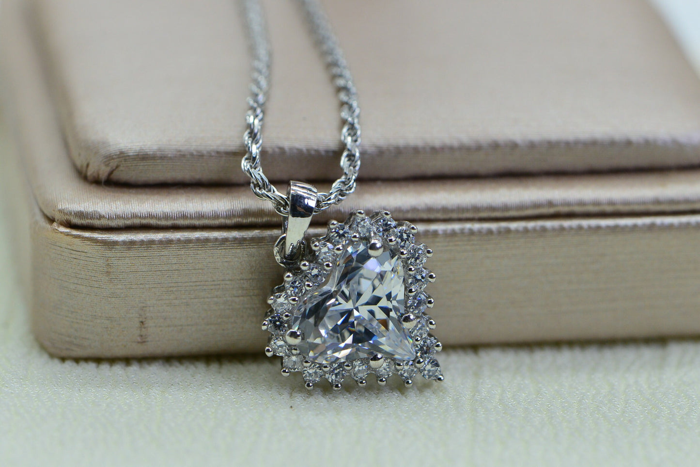Heart Pendant Necklace: Cubic Zirconia, 14K White Gold Over Sterling Silver