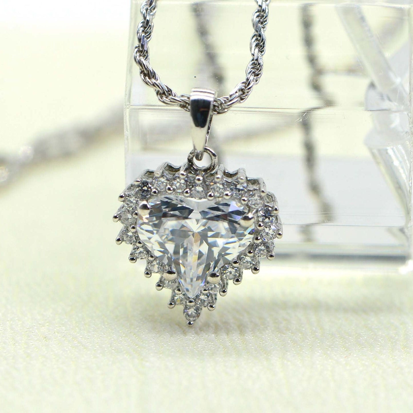Heart Pendant Necklace: Cubic Zirconia, 14K White Gold Over Sterling Silver