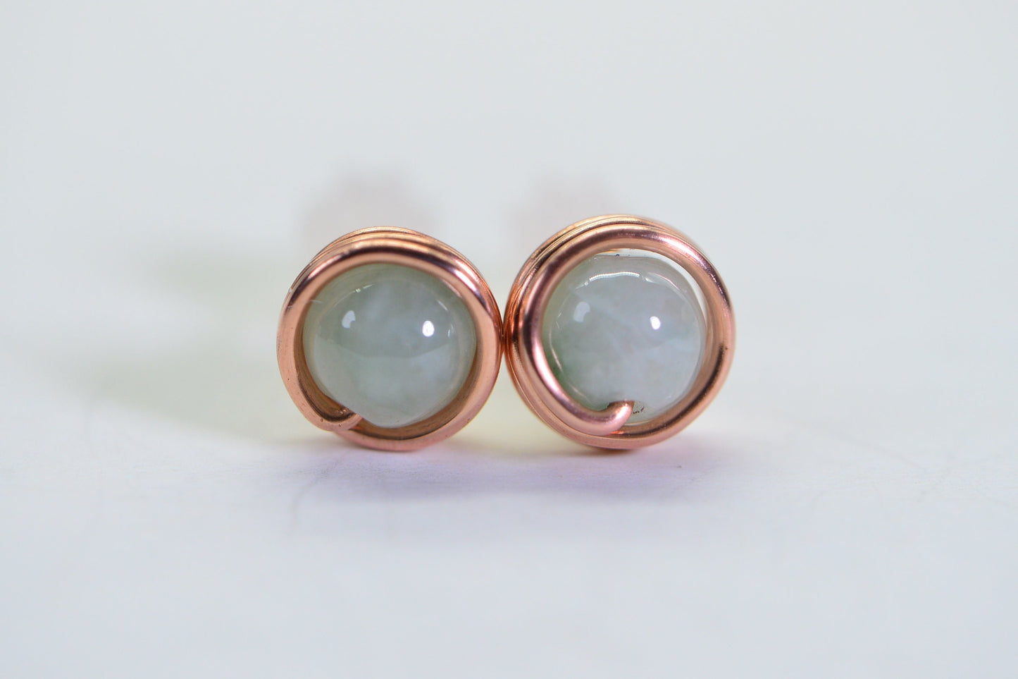 Ice Green Jade Stud Earrings: Copper Wire Wrapped, Burmese Gemstone
