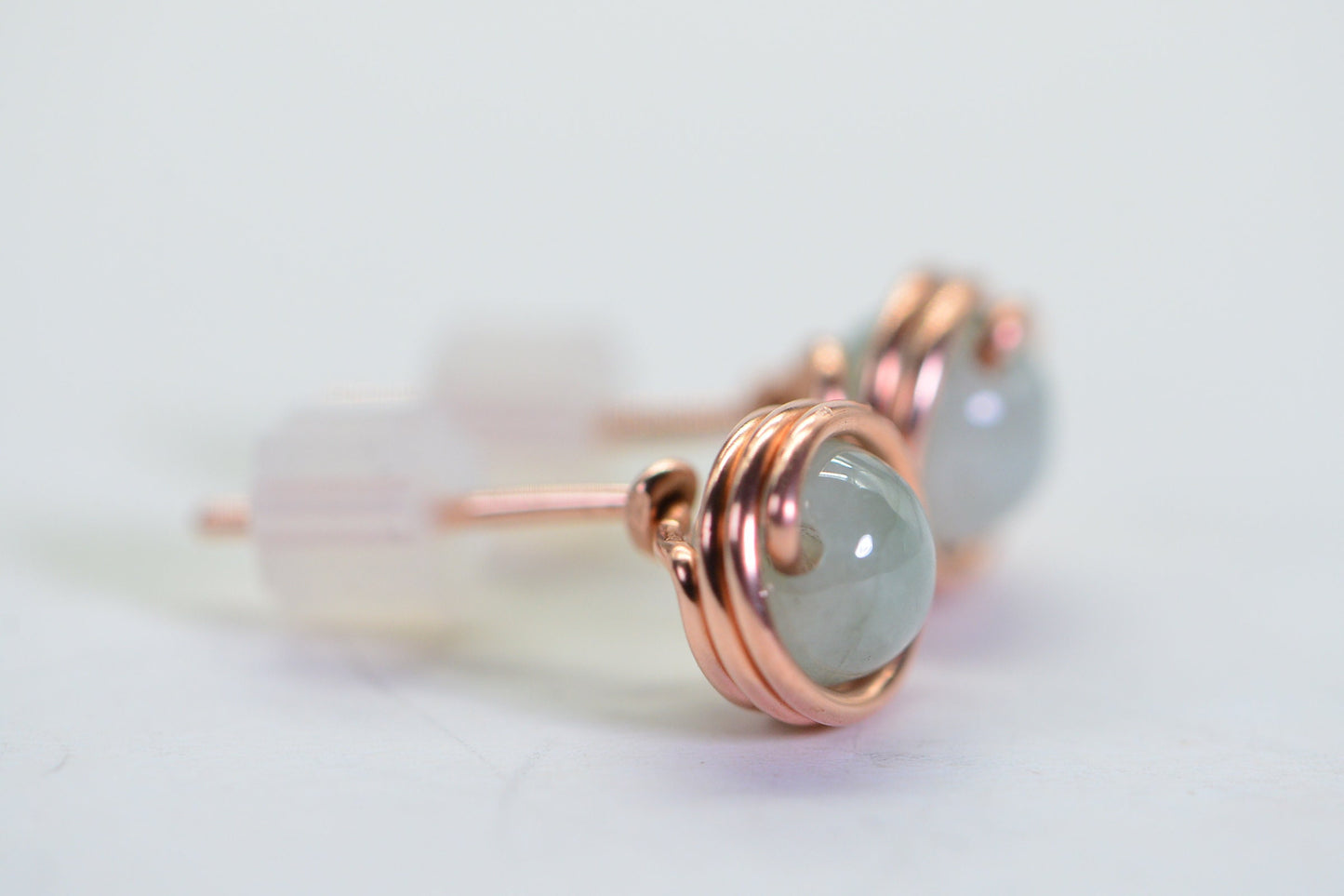 Ice Green Jade Stud Earrings: Copper Wire Wrapped, Burmese Gemstone