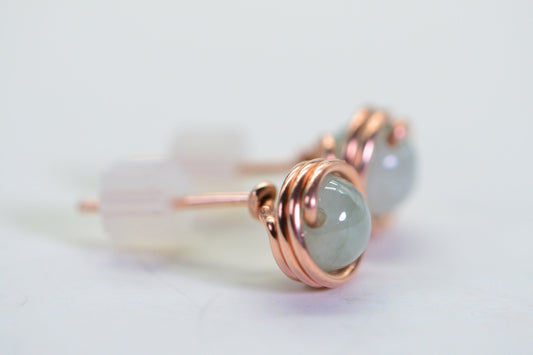 Ice Green Jade Stud Earrings: Copper Wire Wrapped, Burmese Gemstone