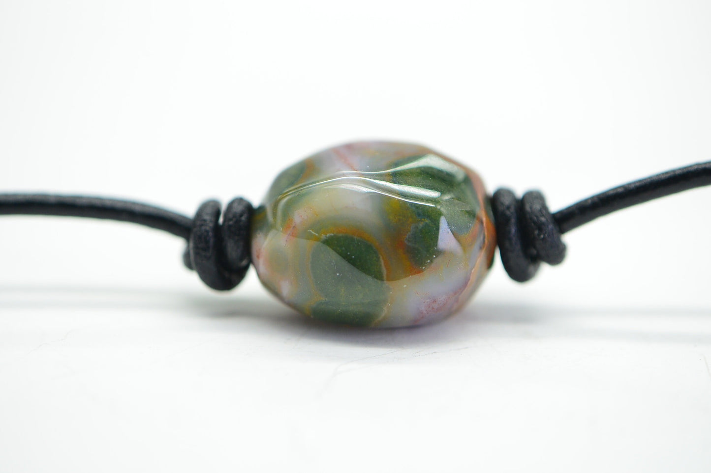 Raw Ocean Jasper Nugget Necklace: Knotted Leather Cord, Sterling Silver Clasp