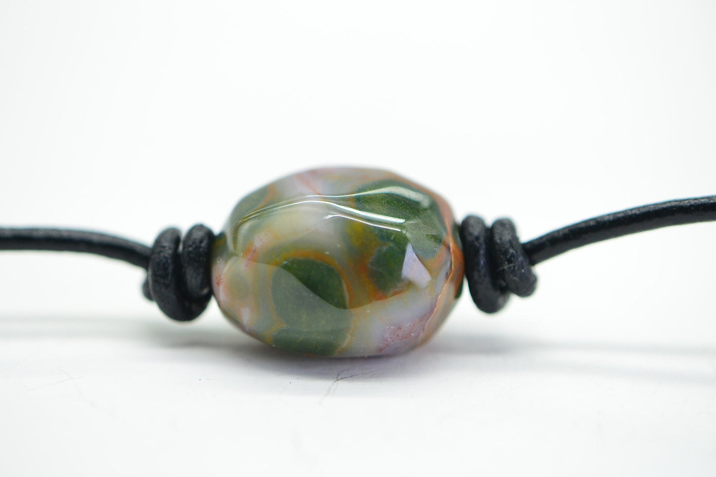 Raw Ocean Jasper Nugget Necklace: Knotted Leather Cord, Sterling Silver Clasp