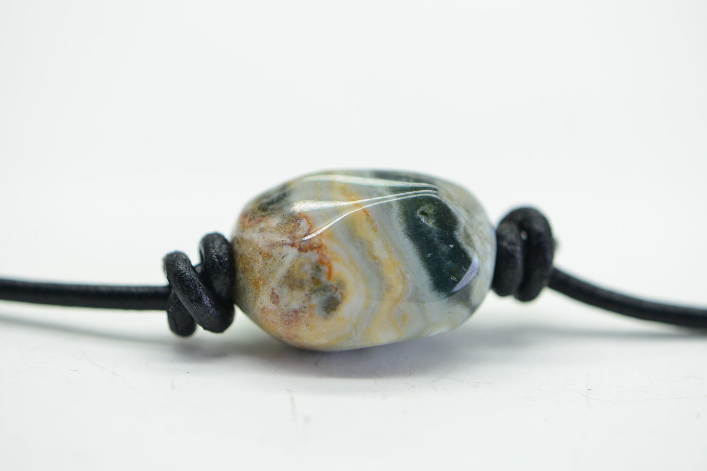 Raw Ocean Jasper Nugget Necklace: Knotted Leather Cord, 925 Silver Clasp