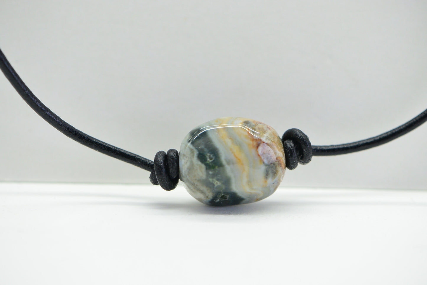 Raw Ocean Jasper Nugget Necklace: Knotted Leather Cord, 925 Silver Clasp