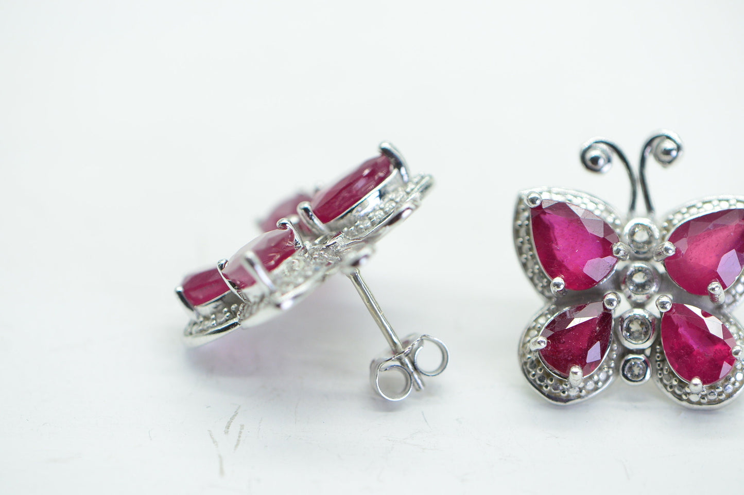Genuine Ruby Butterfly  Stud Earrings Prong Set Sterling Silver Birthstone July
