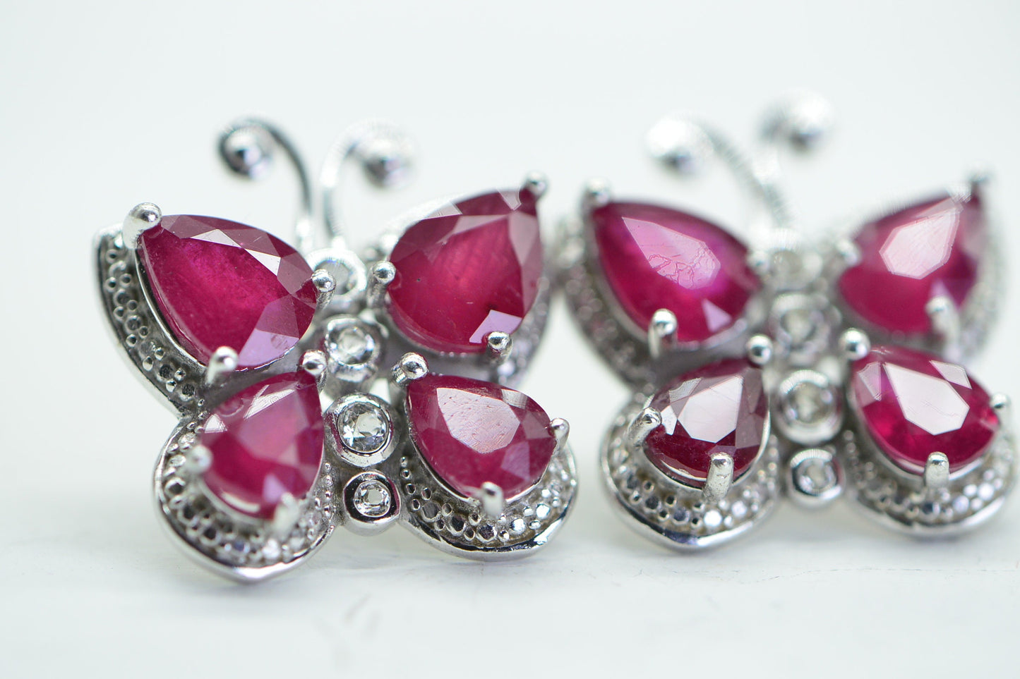 Genuine Ruby Butterfly  Stud Earrings Prong Set Sterling Silver Birthstone July