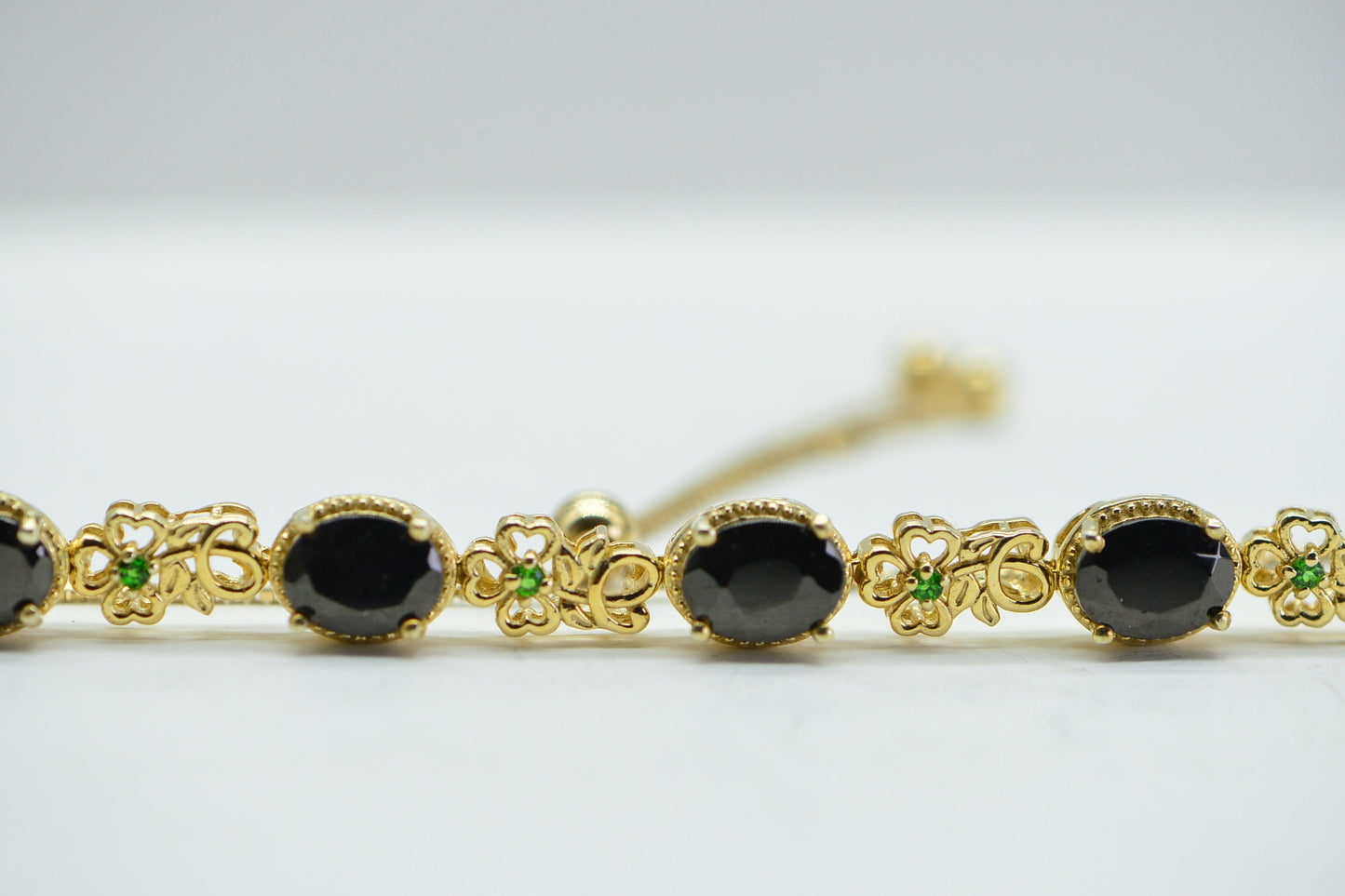 Black Tourmaline Chrome Diopside Flower Bolo Bracelet: 14K Gold Over Sterling Silver