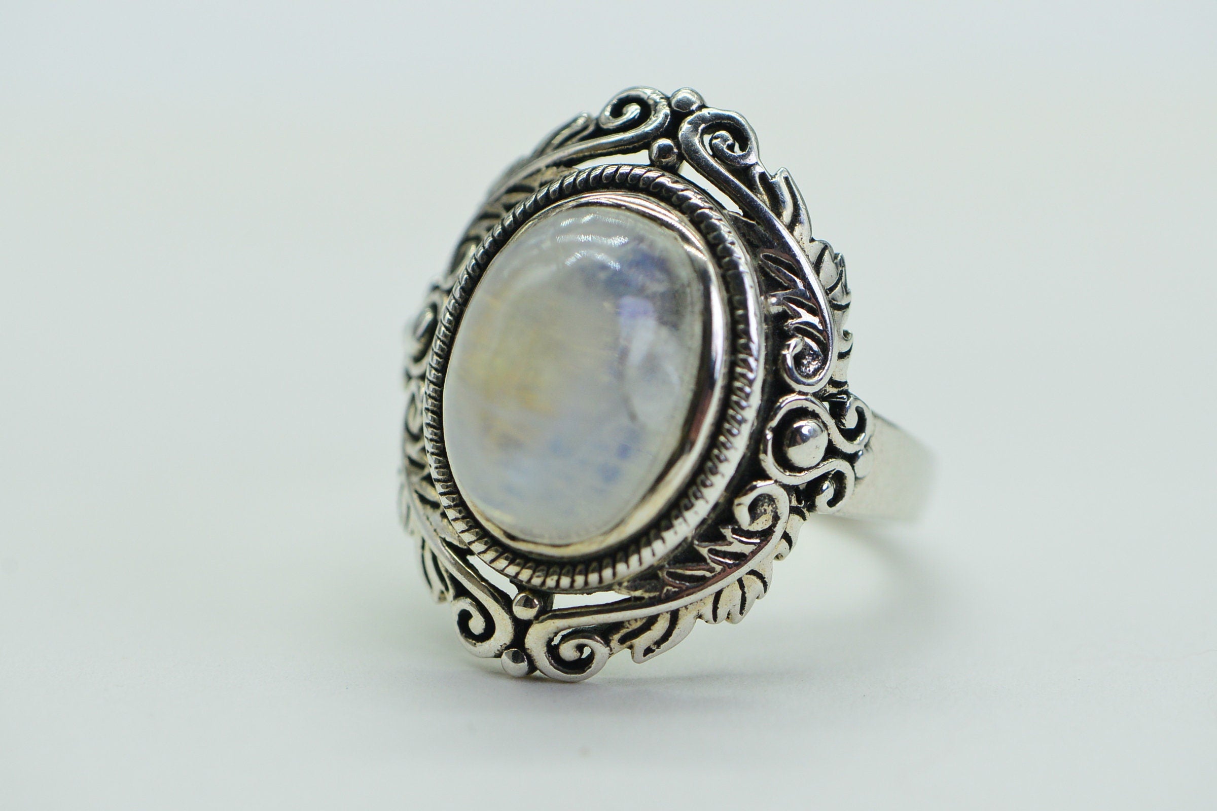 Rainbow Moonstone Ring: Solid Sterling Silver Statement Ring