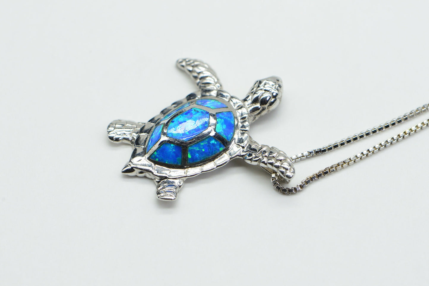 Sterling Silver Sea Turtle Pendant, Blue Opal Hawaiian Necklace
