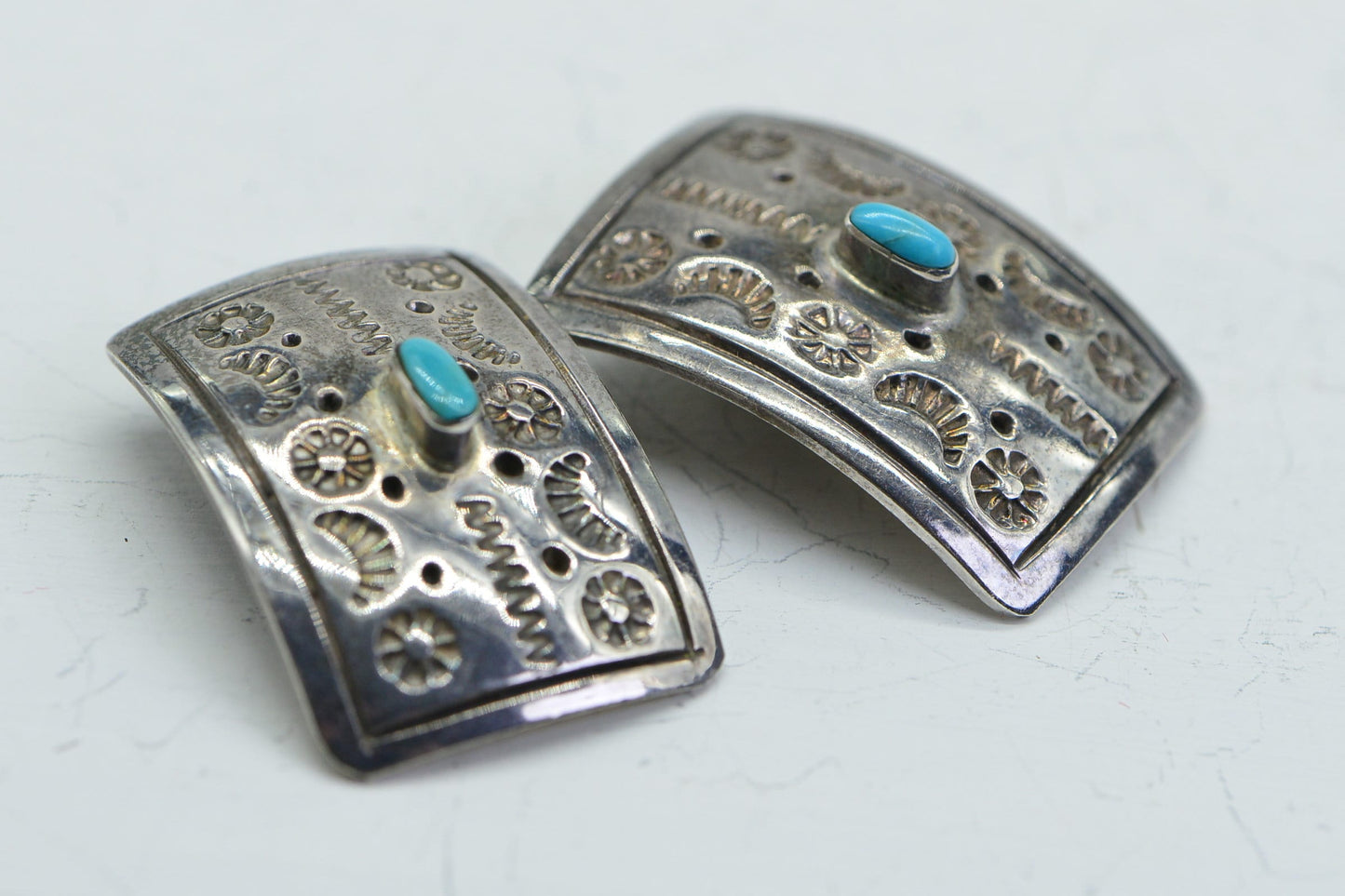 Vintage Turquoise Sterling Silver Clip On Earrings: Native American Jewelry