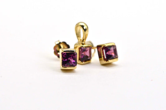 14K Gold Rhodolite Garnet Stud Earrings: Princess Cut, January Birthstone