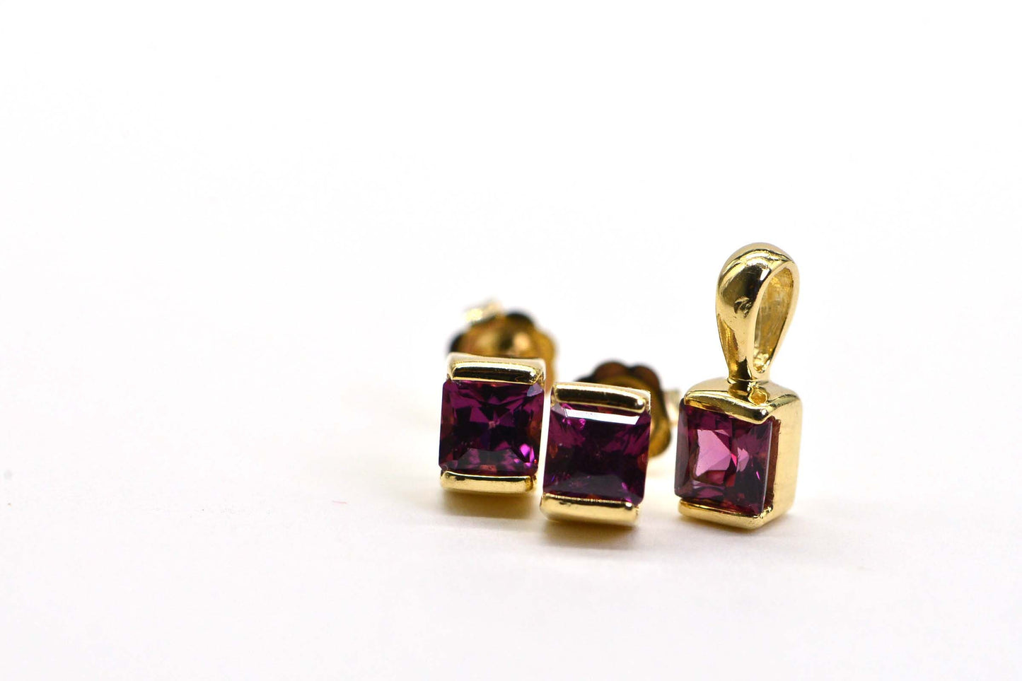 14K Gold Rhodolite Garnet Stud Earrings: Princess Cut, January Birthstone
