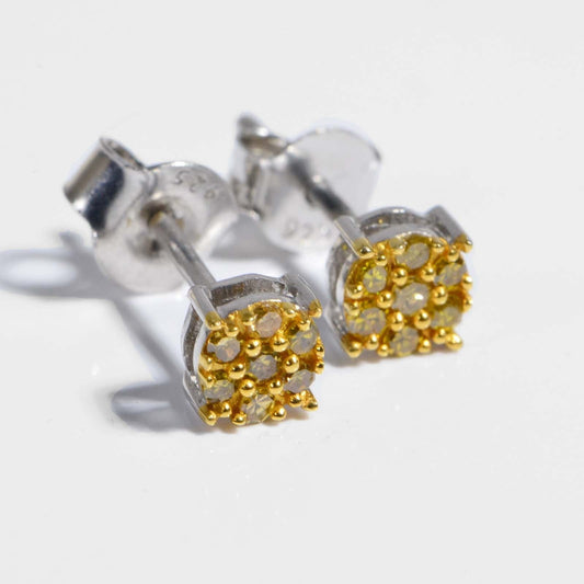 Yellow Diamond Cluster Studs: 14K Gold over Sterling Silver Earrings