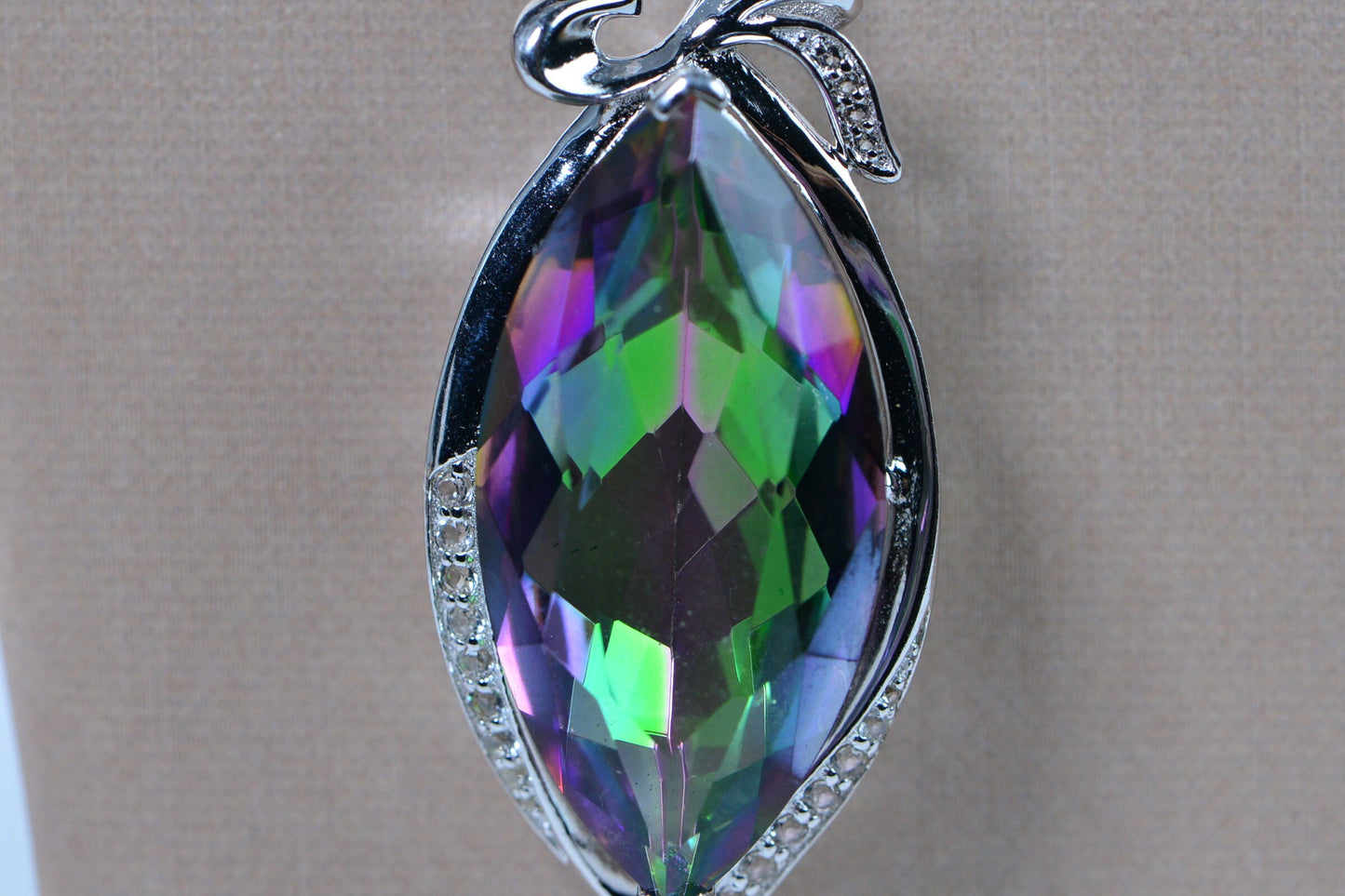 Mystic Topaz Sterling Silver Pendant: Marquise Necklace, Simulated Diamonds