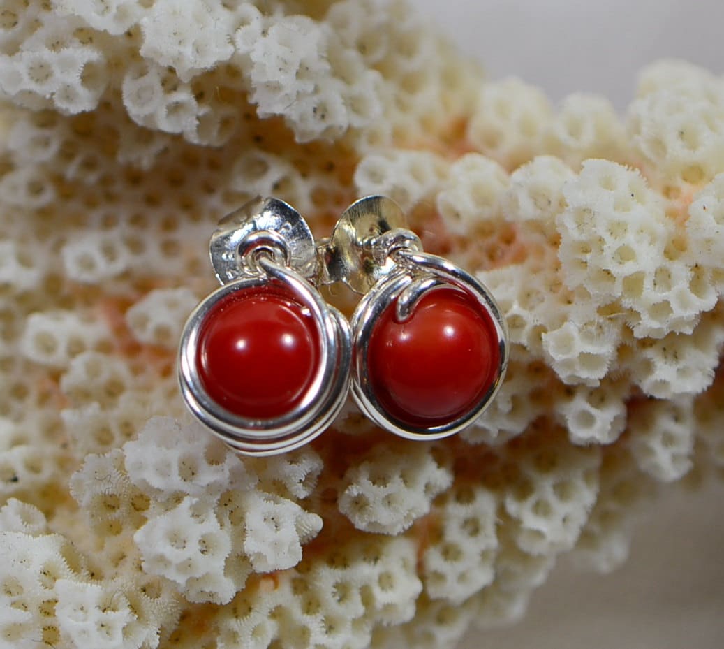 Red Coral Stud Earrings Natural Stone Earrings