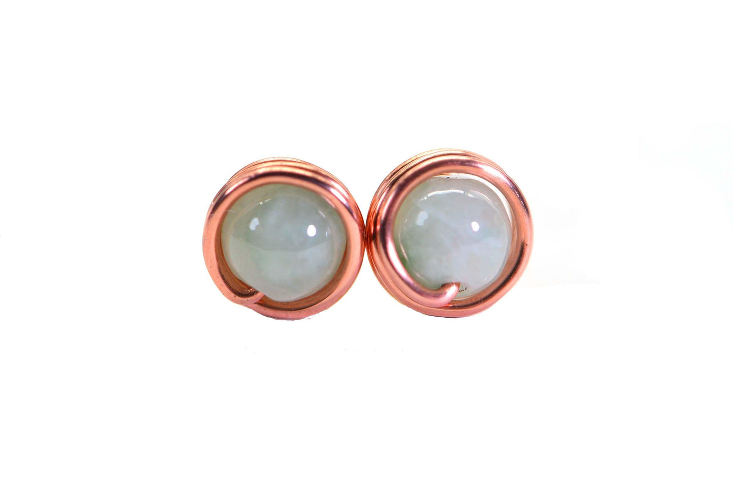 Ice Green Jade Stud Earrings: Copper Wire Wrapped, Burmese Gemstone