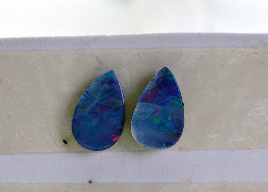 Australian Black Opal Doublet: Blue Pear Cabochons (7X5mm, 2pcs)