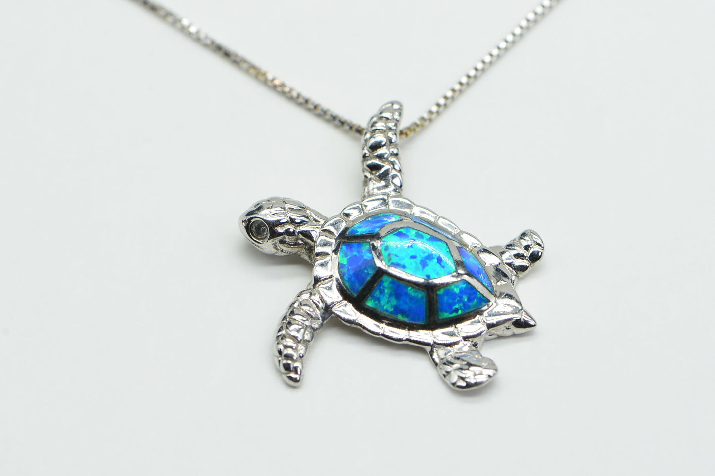 Sterling Silver Sea Turtle Pendant, Blue Opal Hawaiian Necklace