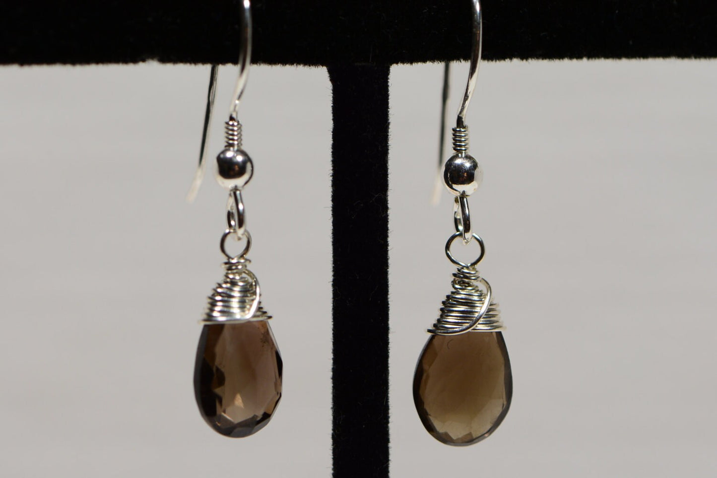 Smokey Quartz Drop Earrings: Wire Wrapped Sterling Silver, 1 Inch