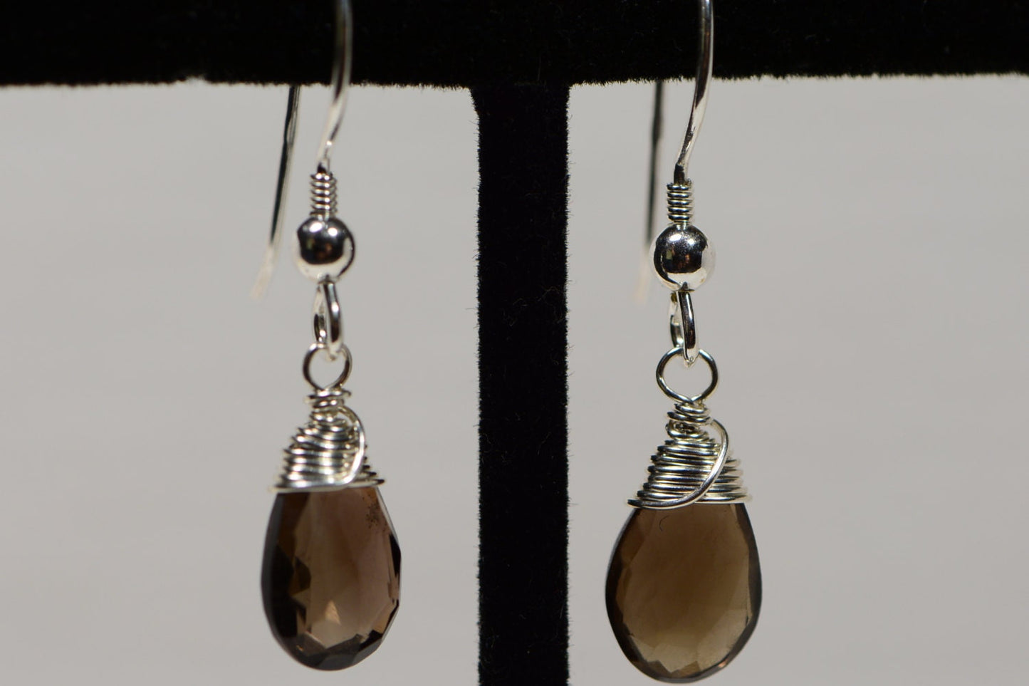 Smokey Quartz Drop Earrings: Wire Wrapped Sterling Silver, 1 Inch